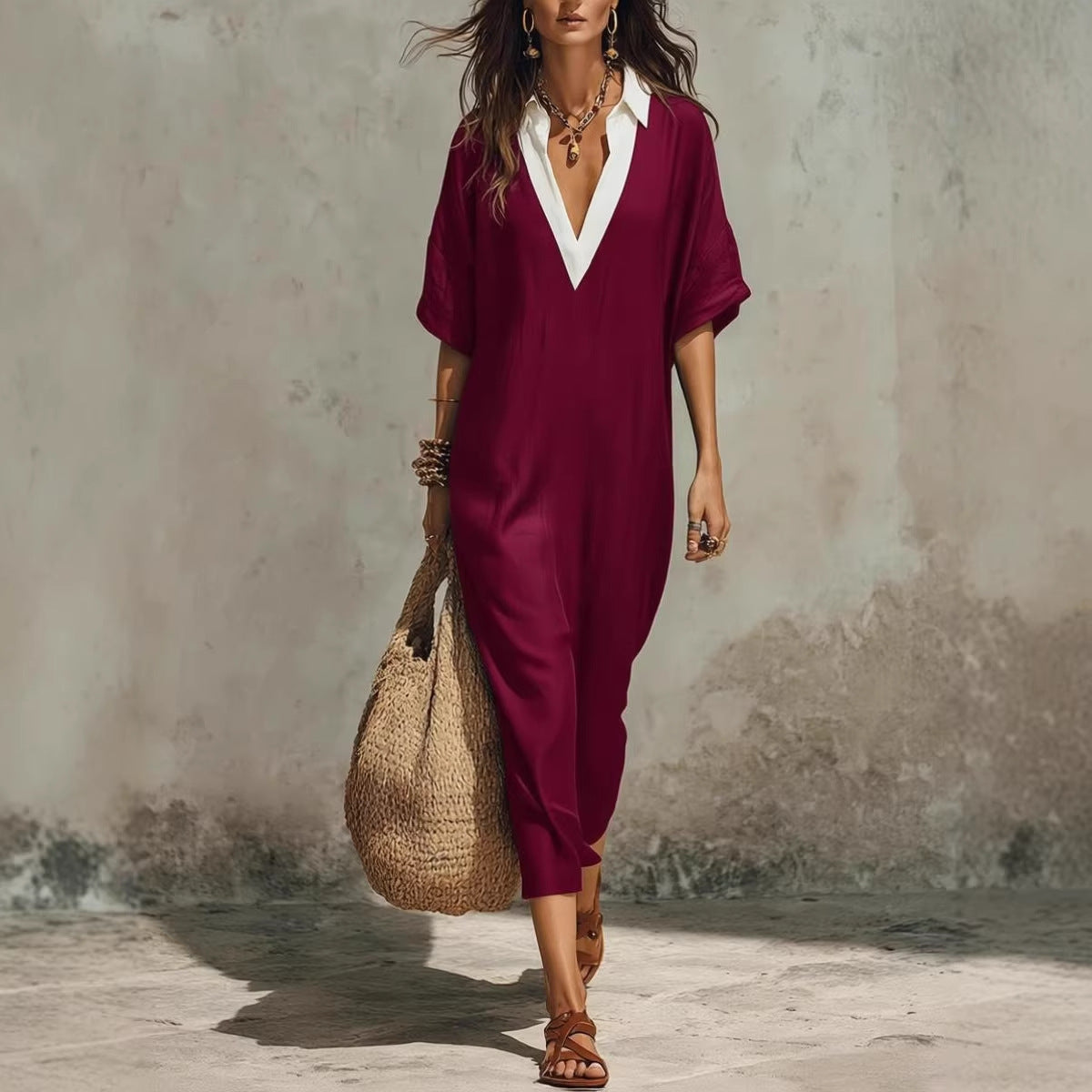 Casual Style V-Neck Loose Cropped-Sleeve Dress Linen Texture Relaxed Vacation-Ready