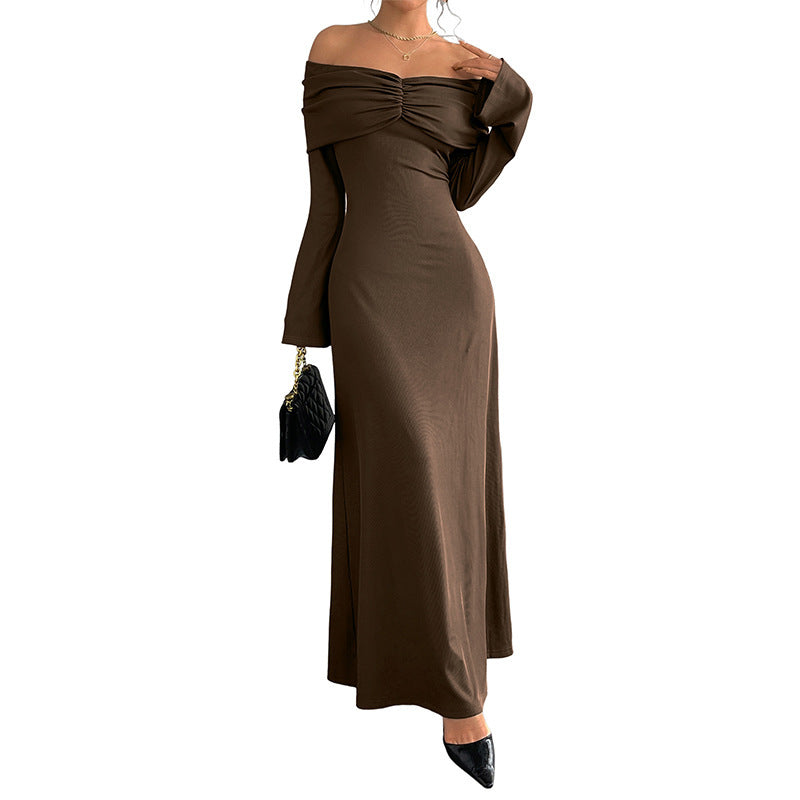 Brown Off-shoulder Slim Women's Dress