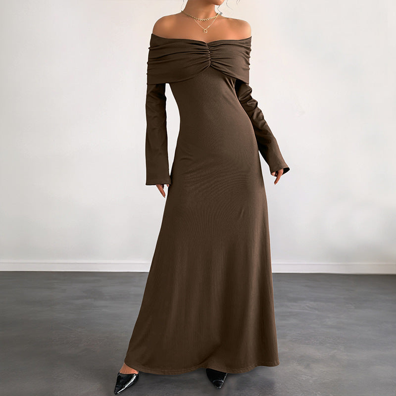 Brown Off-shoulder Slim Women's Dress