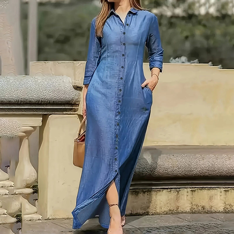 Casual Button Down Denim Maxi Dress Long Sleeve Long Jean Dresses With Pockets