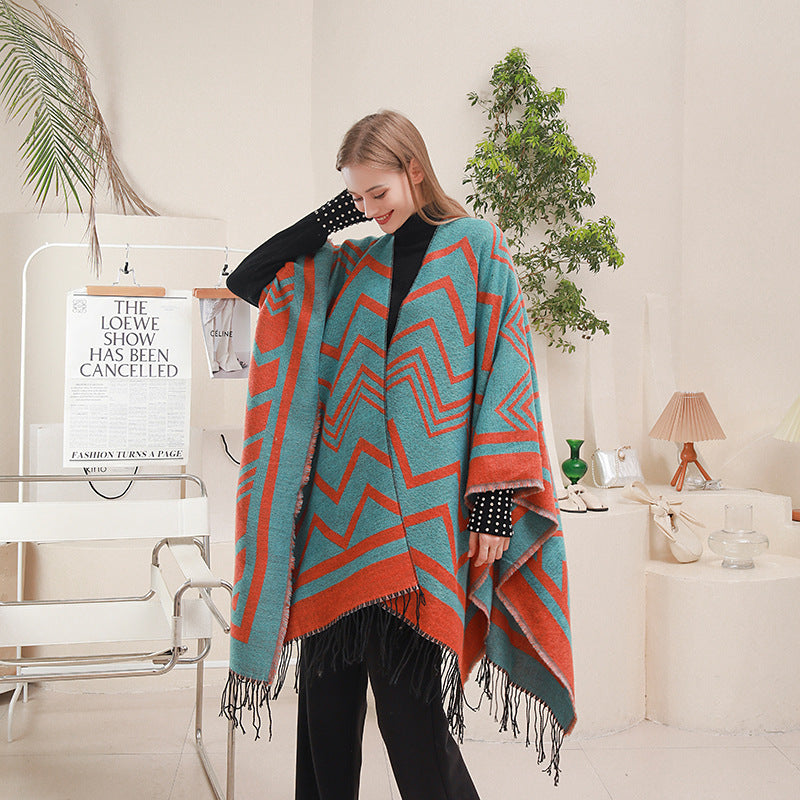 Fashionable With Side-slit Shawl Cape Herringbone Wave Scarf Shawl