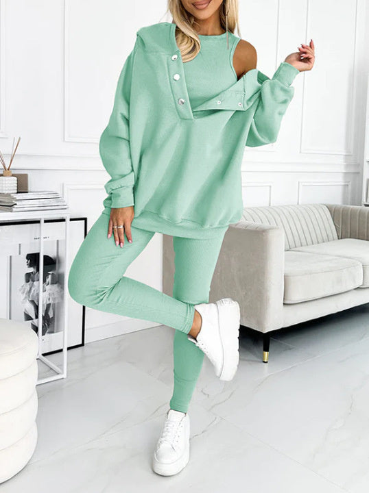 3pc Set Suit Loose Hooded Pockets Sweatshirt And Vest And Slim Trousers