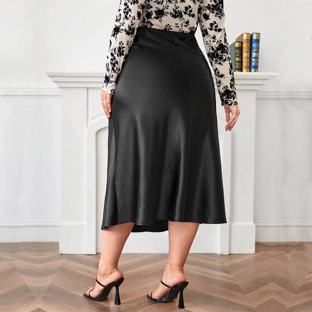 High Waist Zipper Large Hem Satin Temperament Skirt
