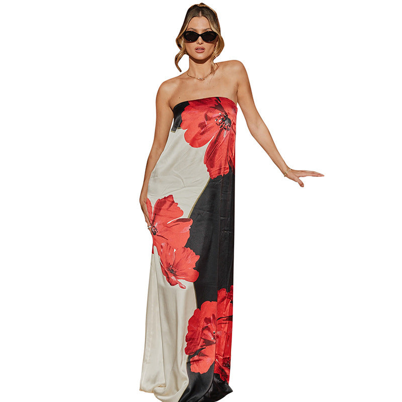 Contrast Color Sleeveless Print Tube Top Length Dress