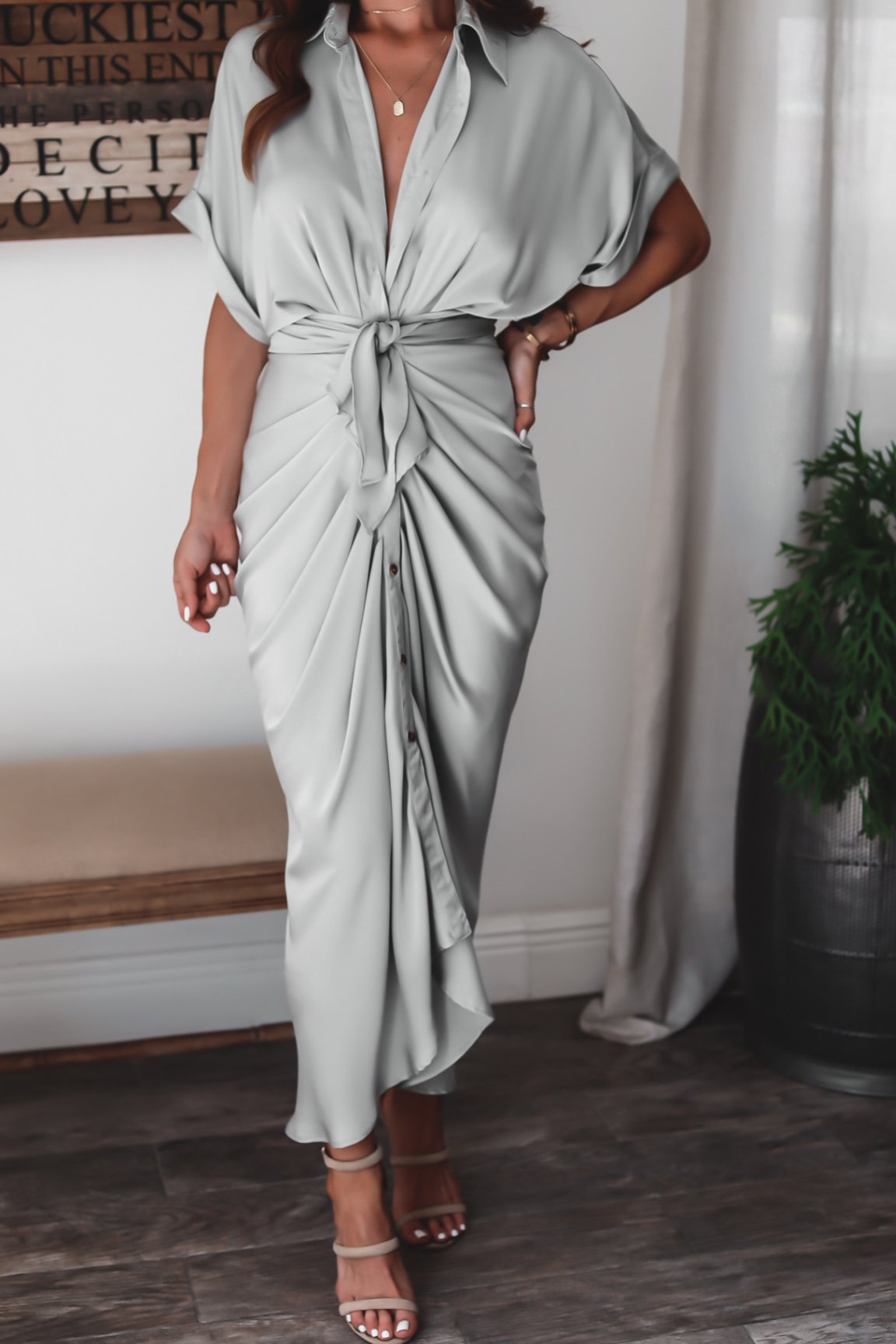 Short Sleeve Cuff Button down Collar V-neck Long Dress
