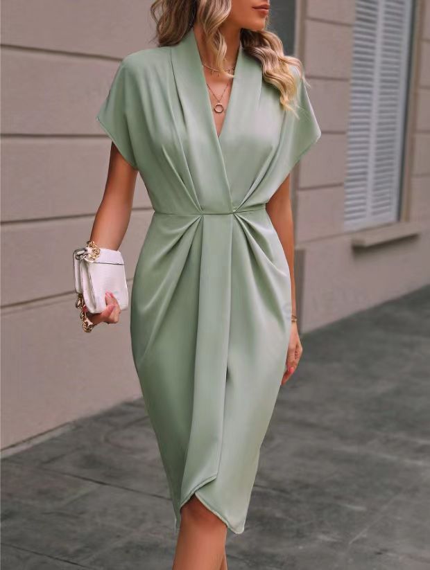 Batwing Sleeve Dress V-neck Short Sleeve Pleated Dresses