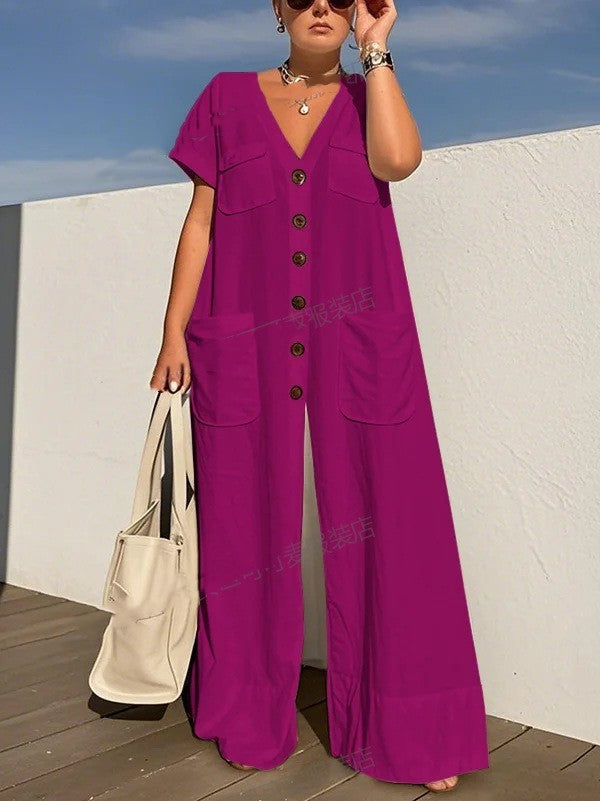 Single-breasted Pocket Elegant Solid Color Jumpsuit