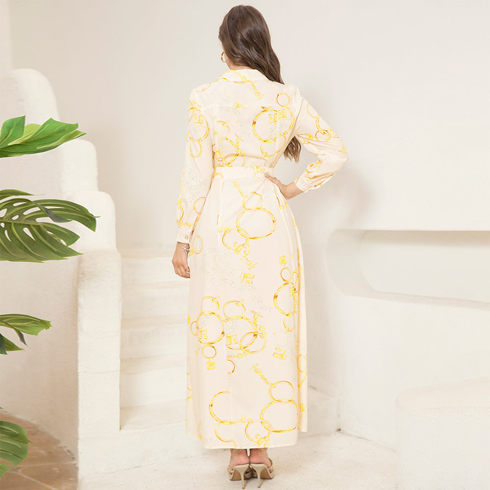 Elegant Style Lapel Chain Pattern Printing Buttons Pocket Belt Shirt Sleeve Long Dresses