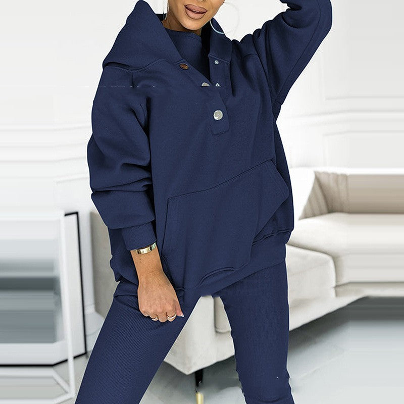 3pc Set Suit Loose Hooded Pockets Sweatshirt And Vest And Slim Trousers