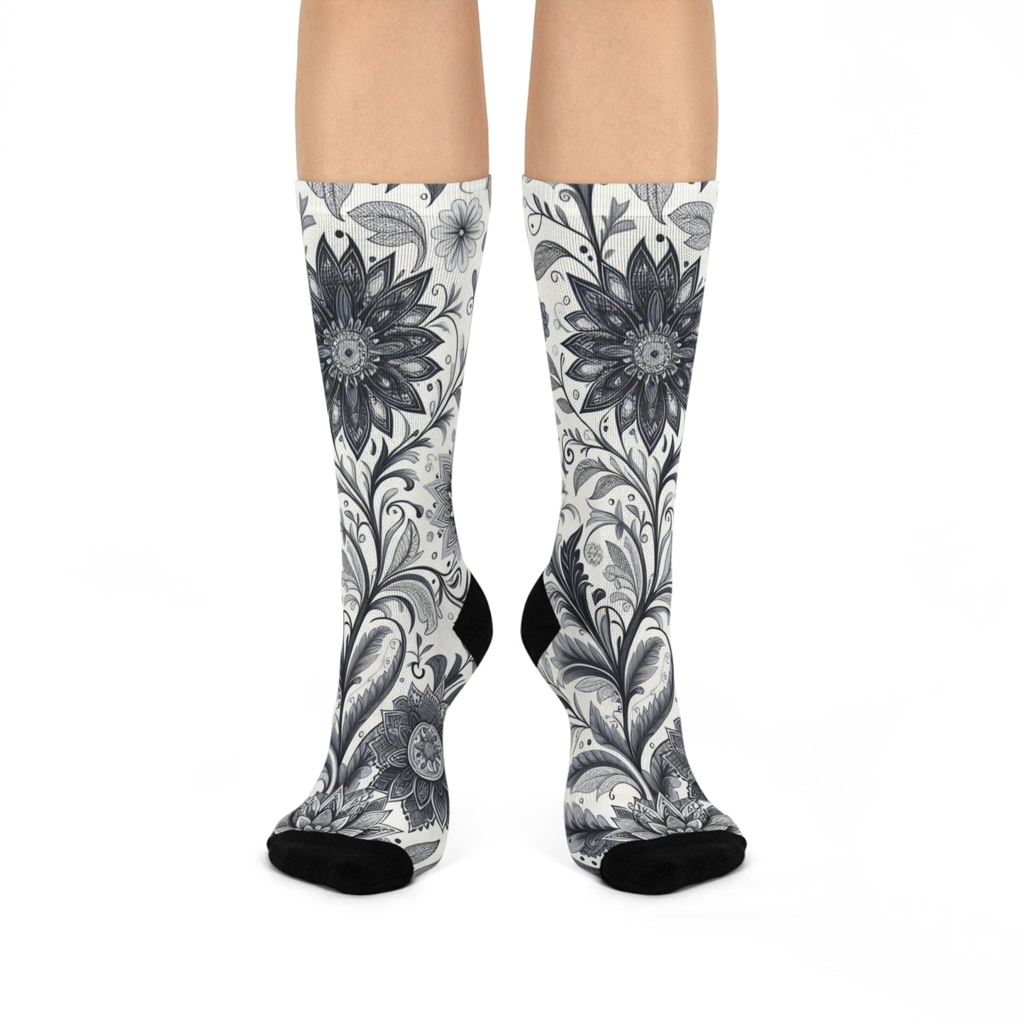 Floral Pattern Cushioned Crew Socks, Cozy Footwear for Relaxation, Gifts for Her, Everyday Comfort Socks, Unique Sock Design