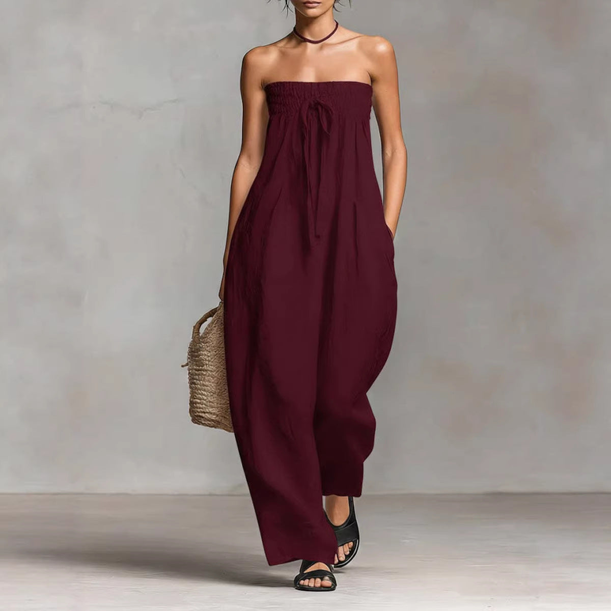 Womens Lace-up Tube Top Strapless Ruched Jumpsuit