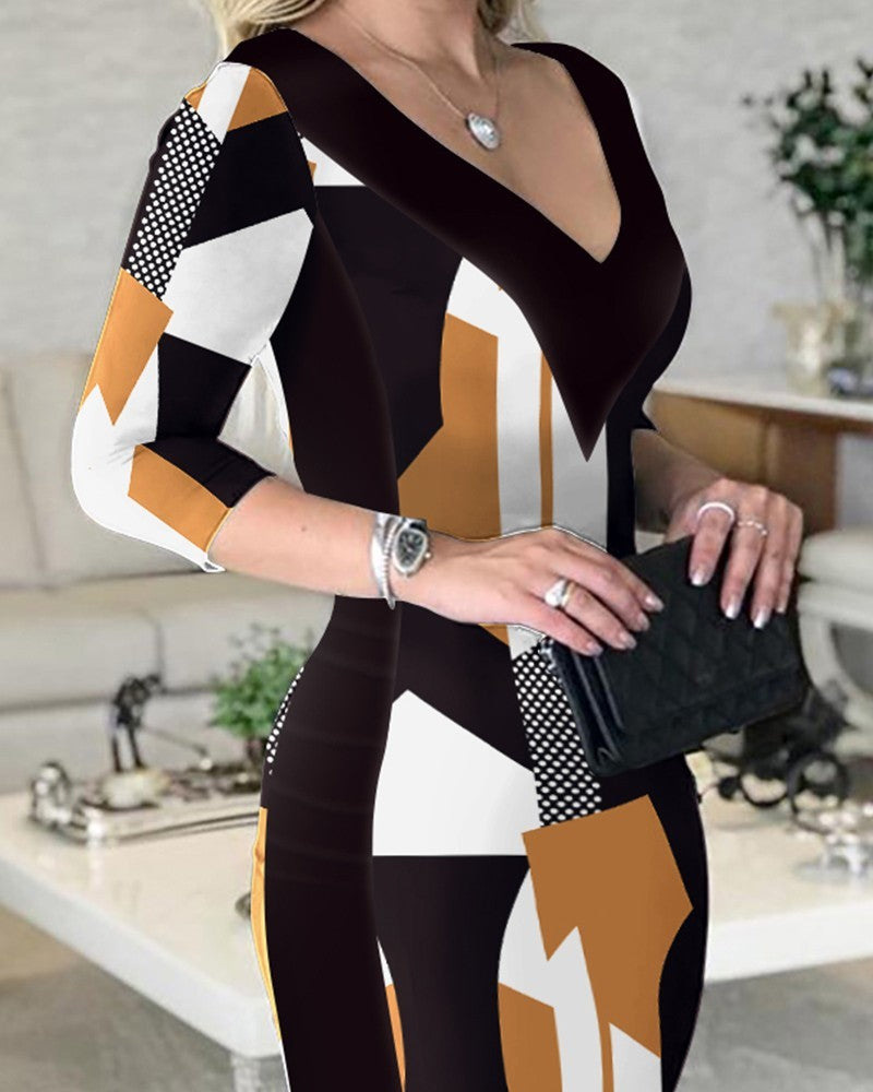 Printed Wrap Hip Skirt V-neck Dress
