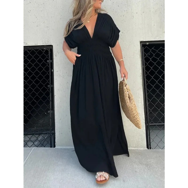 Bat-sleeved V-neck Slit Elastic Waist Long Dress