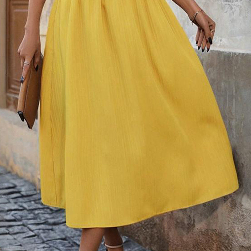Women's Solid Color Sleeveless V-Neck Dress - High Waist Ruffled Hem Boho Flowy Summer Dress With Shoulder Frills, Casual & Party Dress