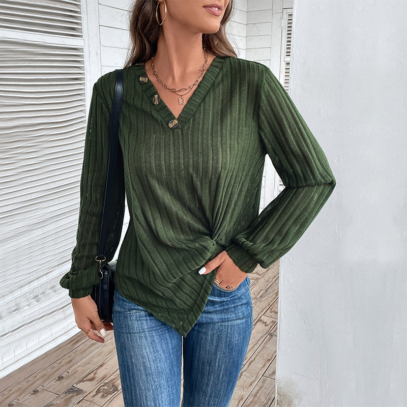 Fall V-neck Women's Top Texture Sunken Stripe Long-sleeved Sweater