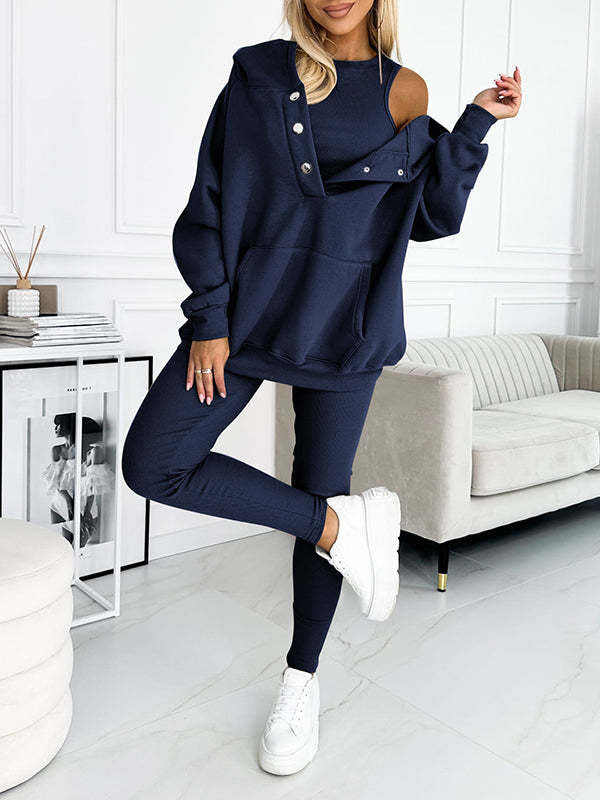 3pc Set Suit Loose Hooded Pockets Sweatshirt And Vest And Slim Trousers