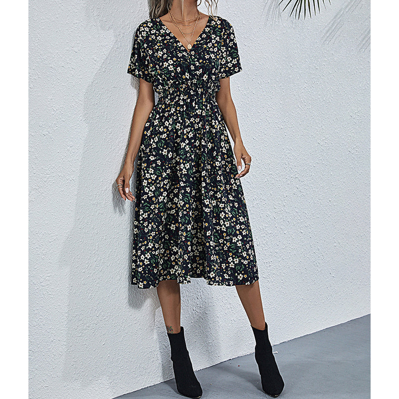Boho V Neck Floral Print Short Sleeve Mini Dress Cute Smocked Waist Short Dress