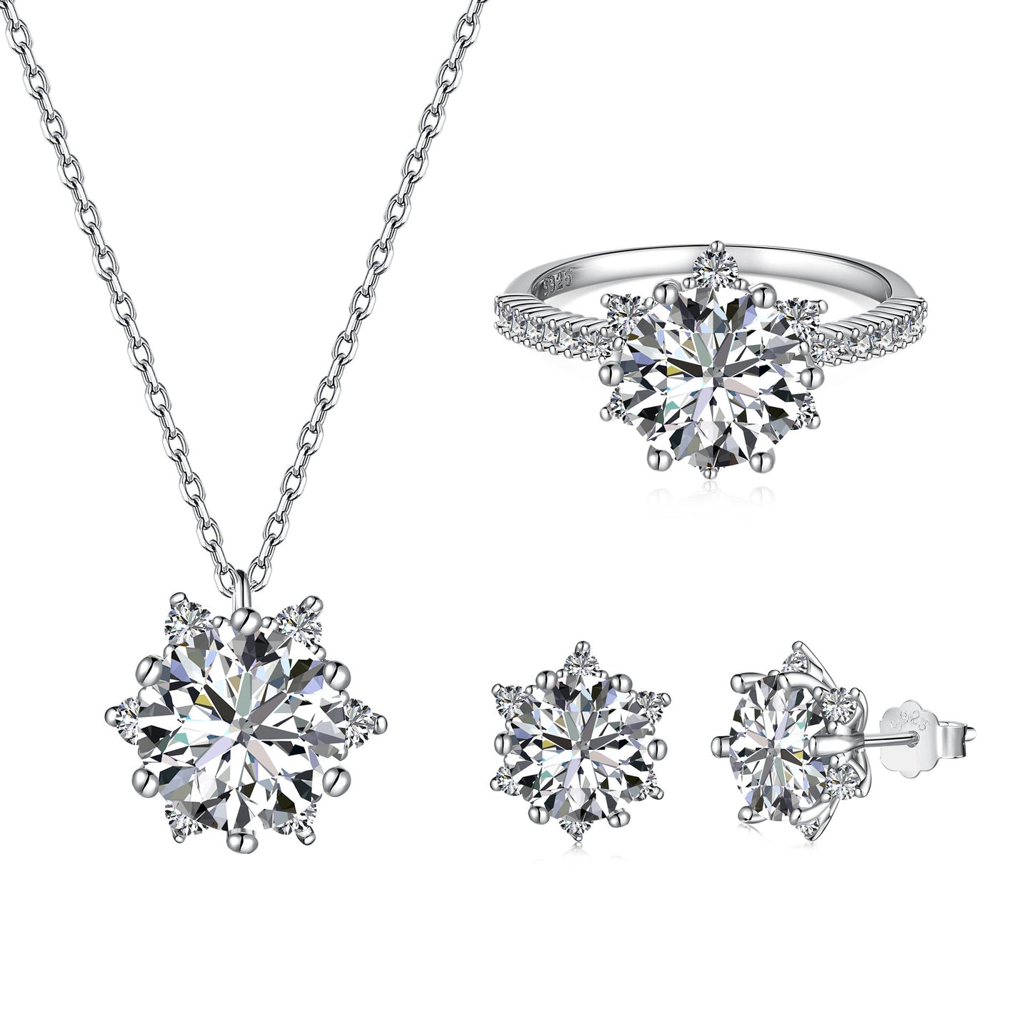 Set S925 Sterling Silver Ornament Snowflake Zircon Ring Light Luxury Clavicle Chain Earrings