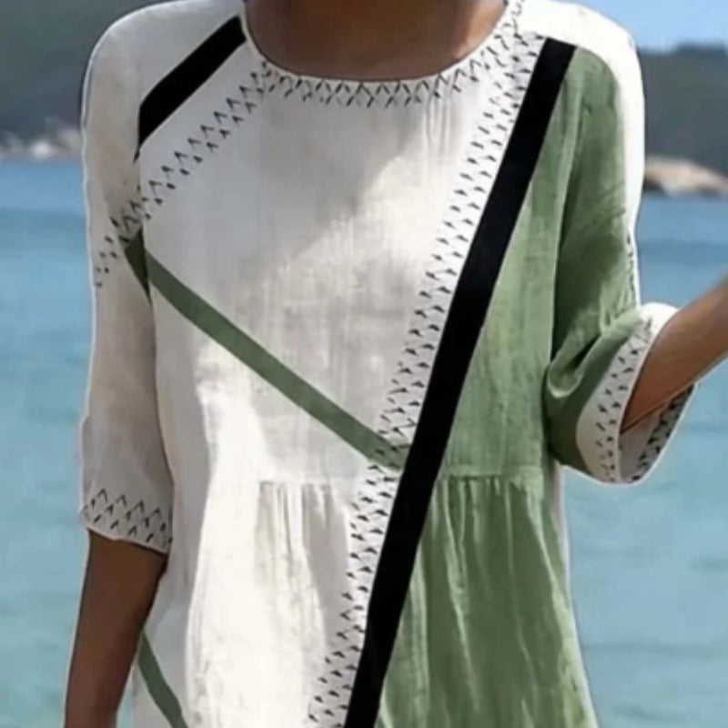 Women's Casual Round Neck Mid Sleeve Print Cotton And Linen Dress