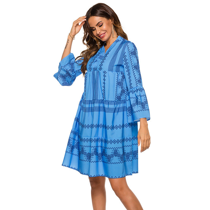 Bohemian Flare Sleeve Stand Dress