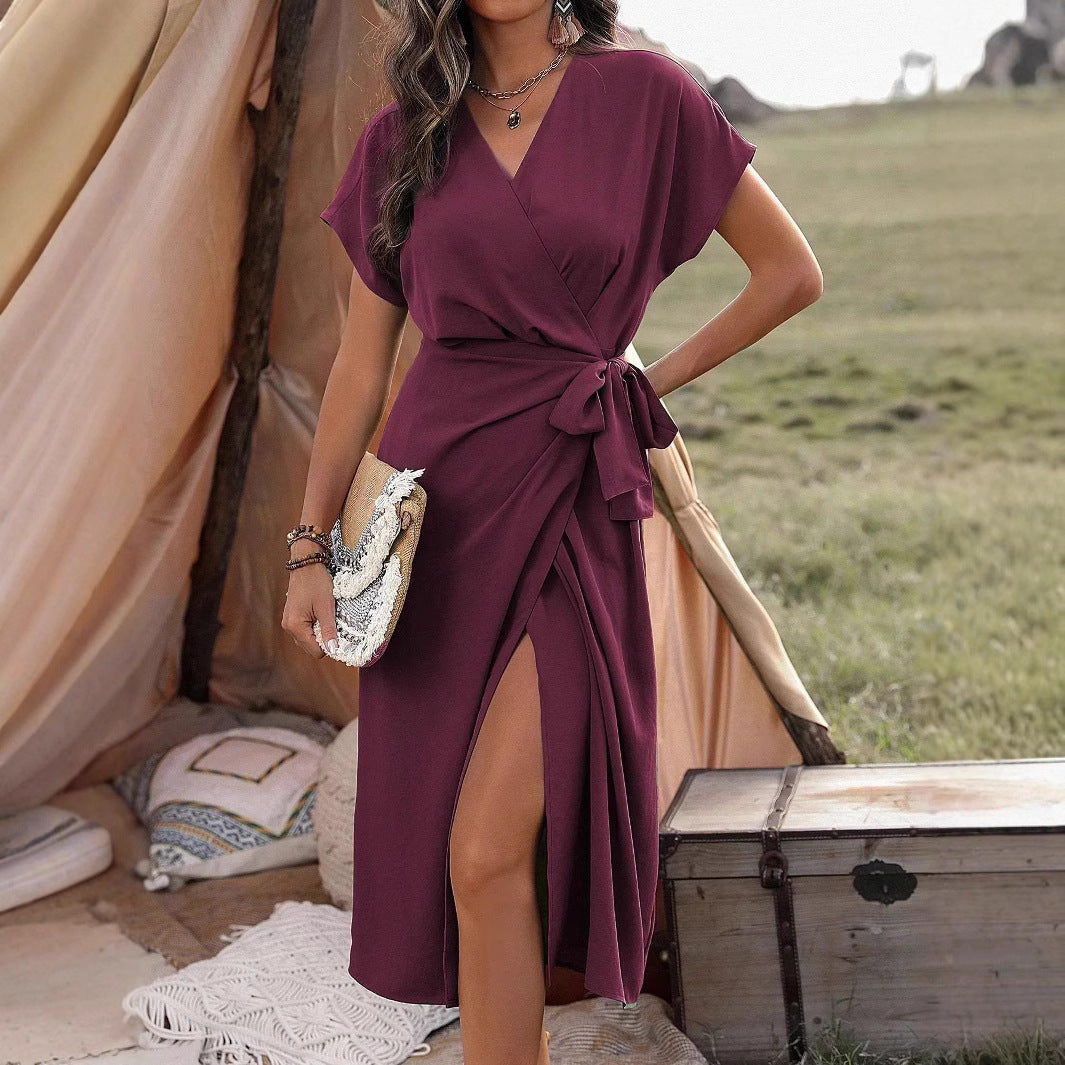 Commuting Fashion Forged Split Women's Solid Color Wrap Suspender Dress