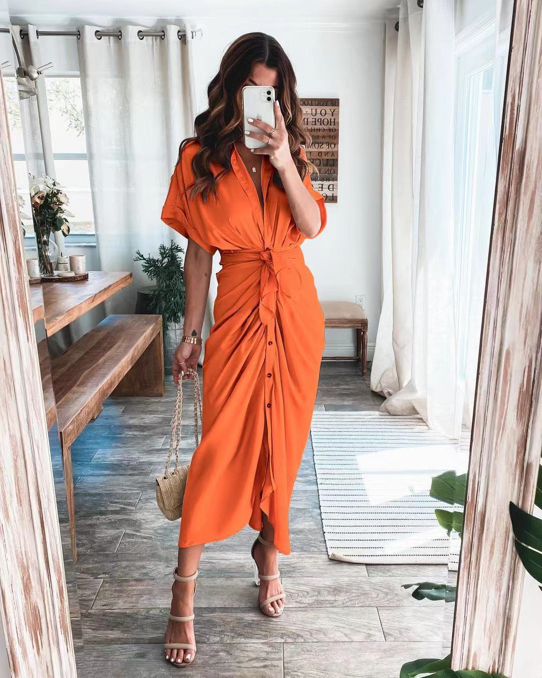 Short Sleeve Cuff Button down Collar V-neck Long Dress
