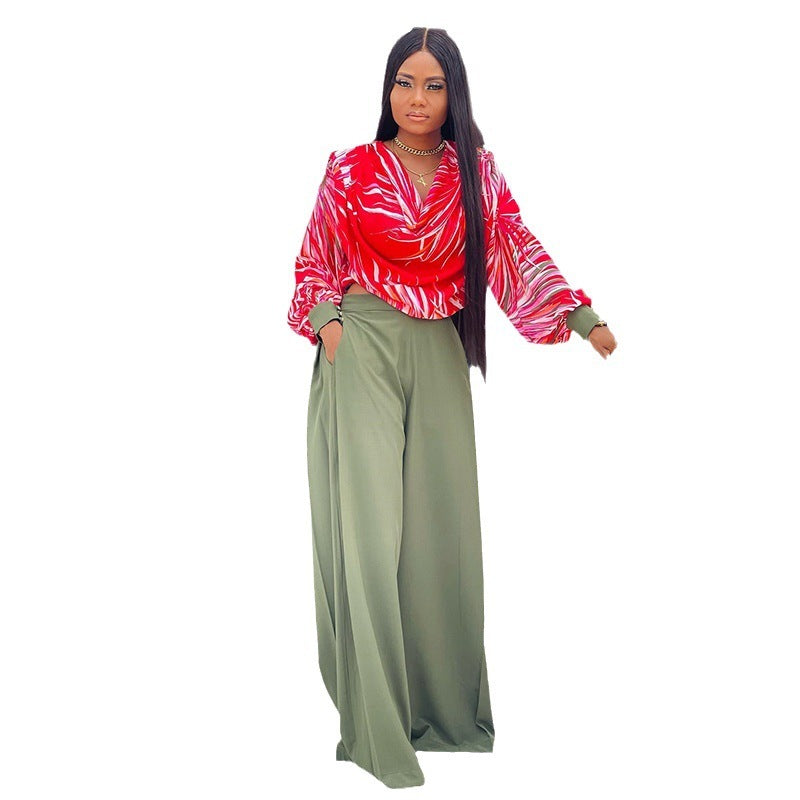 Printed Lantern Sleeve Shirt Wide-leg Suit