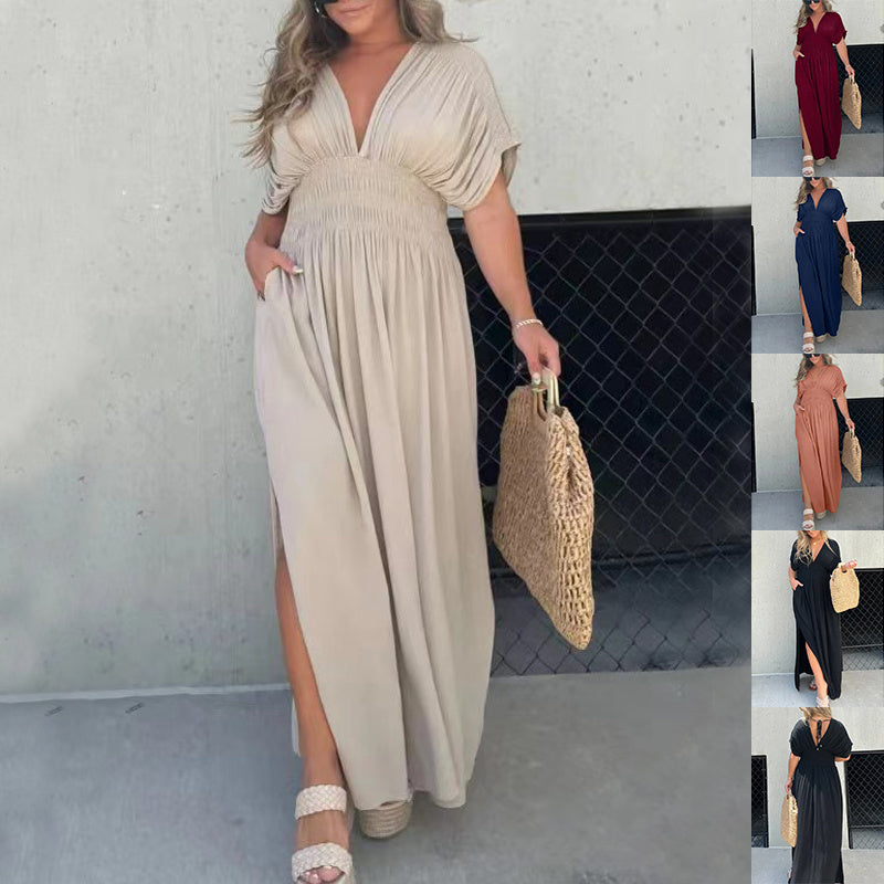 Bat-sleeved V-neck Slit Elastic Waist Long Dress