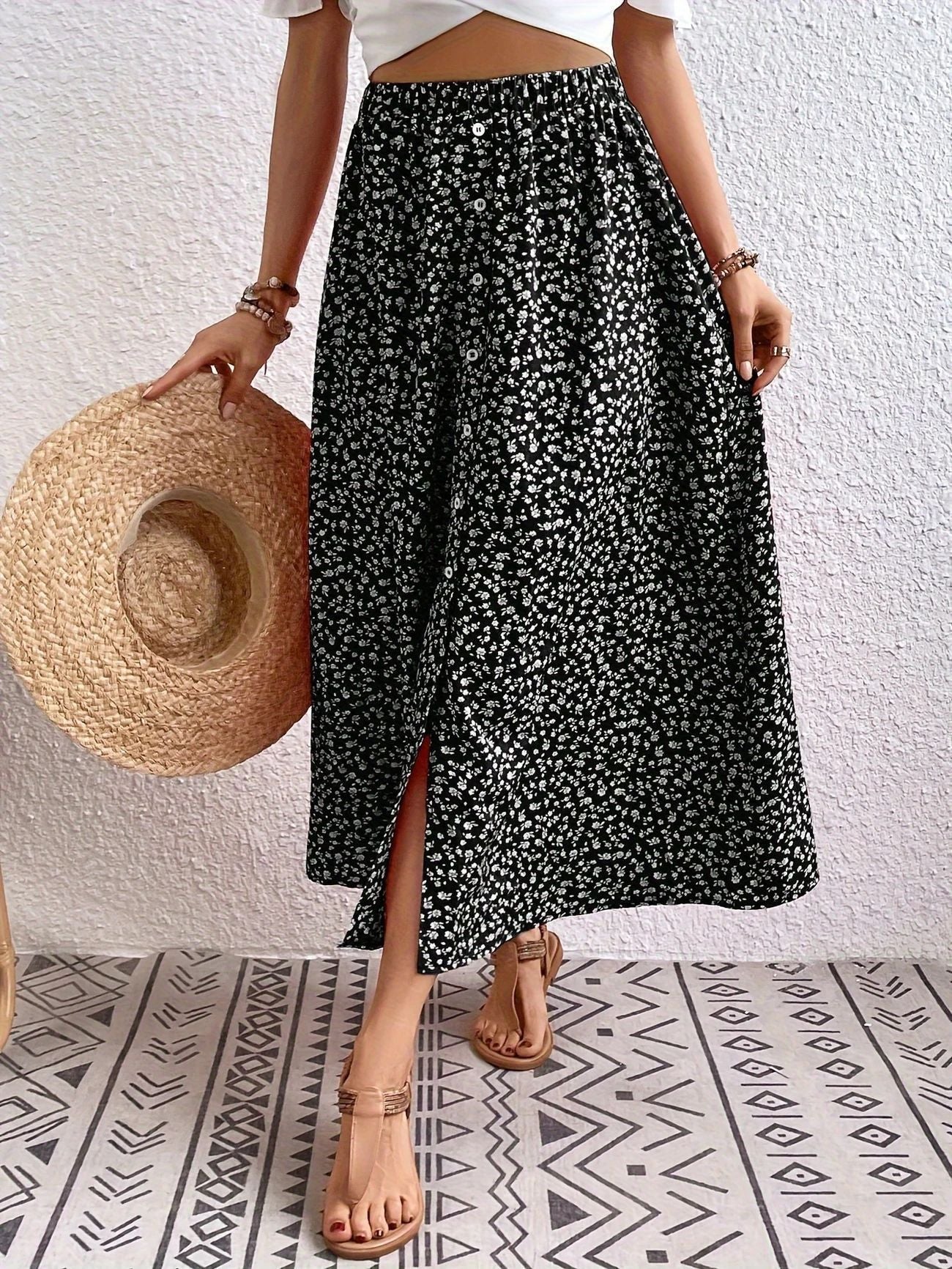 European And American Printed Breasted Self-tie Summer Pastoral A- Line Skirt Advanced Skirt