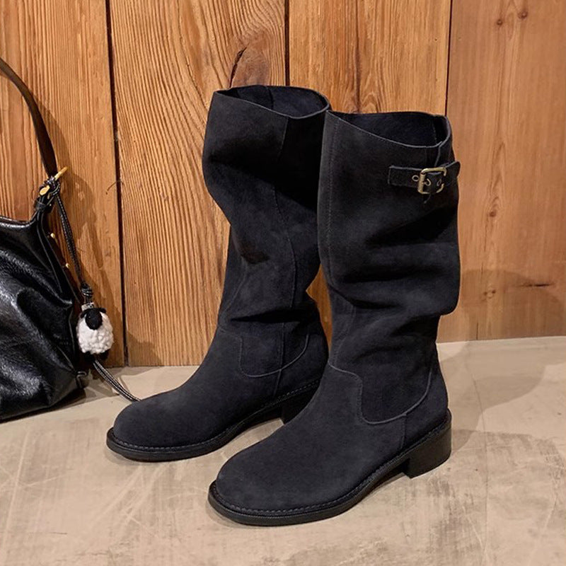 Cowhide Maillard Round Head Buckled Chunky Heel Below The Knee Boots
