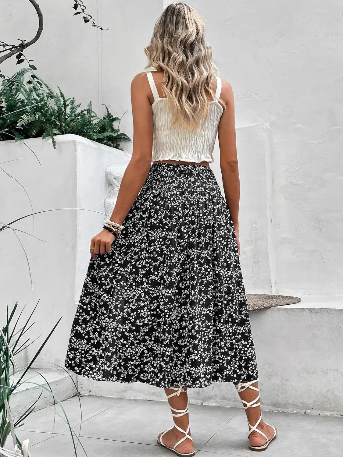 Slit Smocked High Waist Floral Midi Skirt