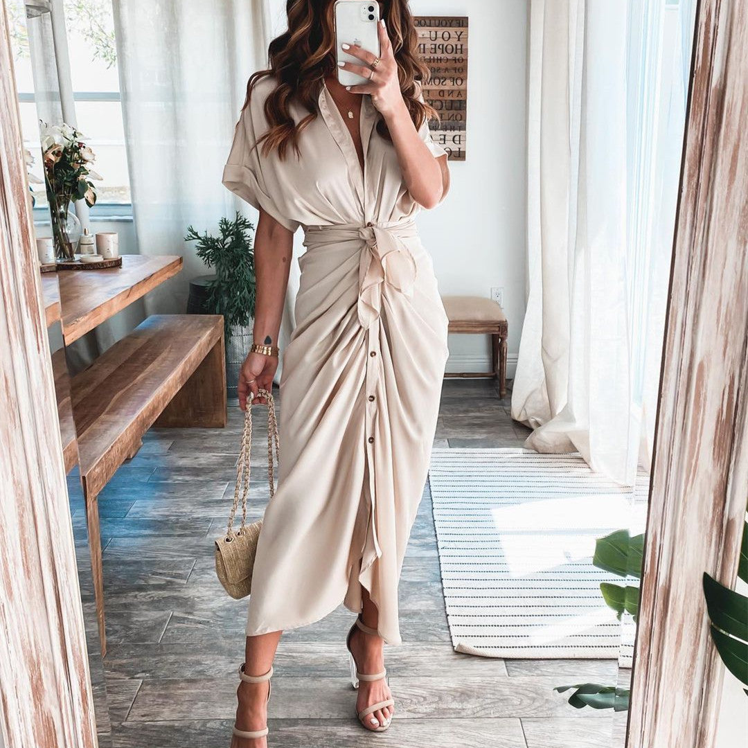 Short Sleeve Cuff Button down Collar V-neck Long Dress
