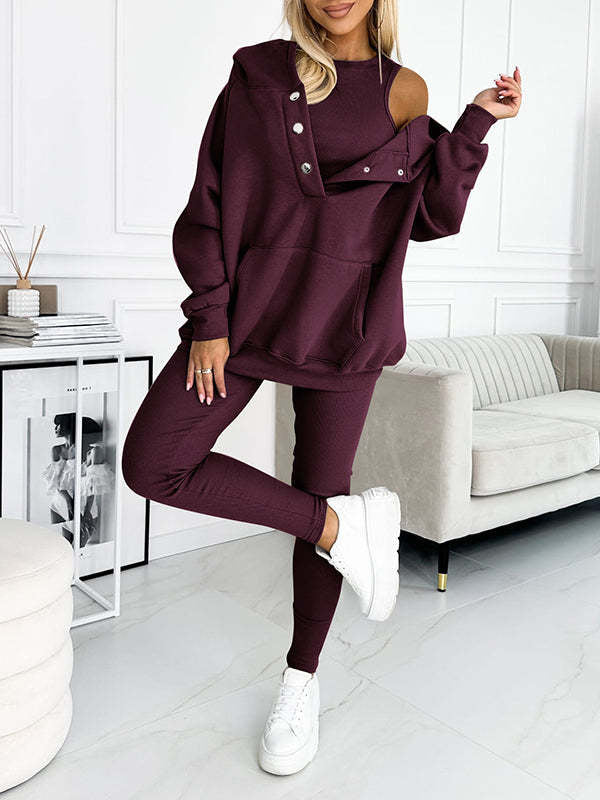3pc Set Suit Loose Hooded Pockets Sweatshirt And Vest And Slim Trousers