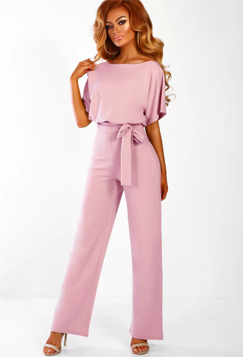Tie-up Button Short-sleeved Women's Jumpsuit