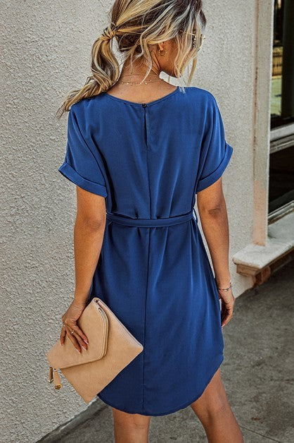 Solid Round Neck Tie Waist Belt Fit Dress