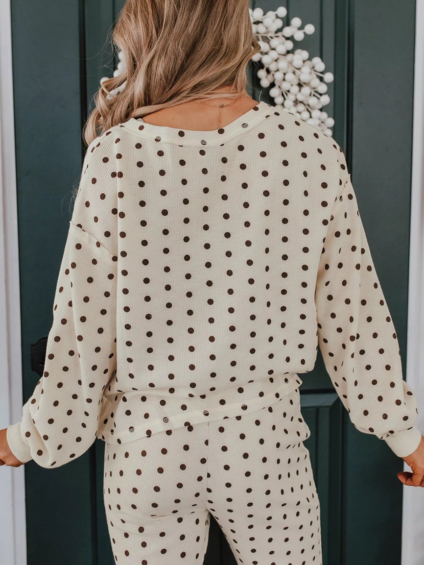 Polka Dot Notched Long Sleeve Top and Drawstring Loungewear Set