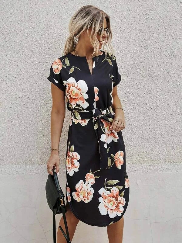 Printed Lace-up Side Split Female Dress