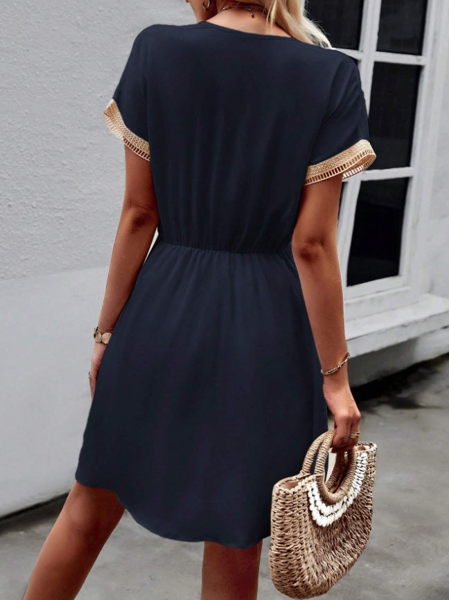 Stylish V-Neck Fringed Belted Dress