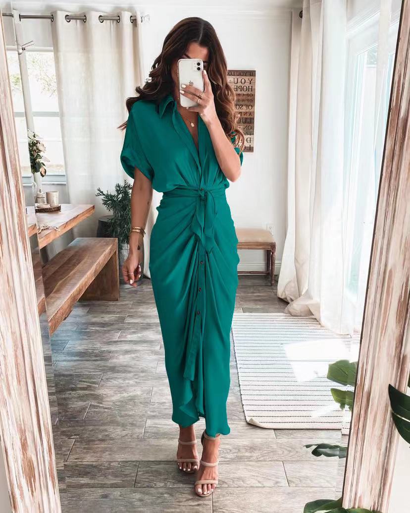 Short Sleeve Cuff Button down Collar V-neck Long Dress
