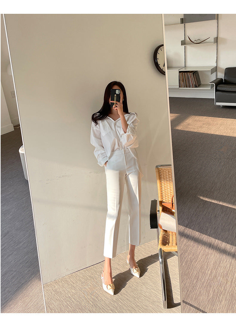 White Cropped Suit Pants High Waist Drooping Casual