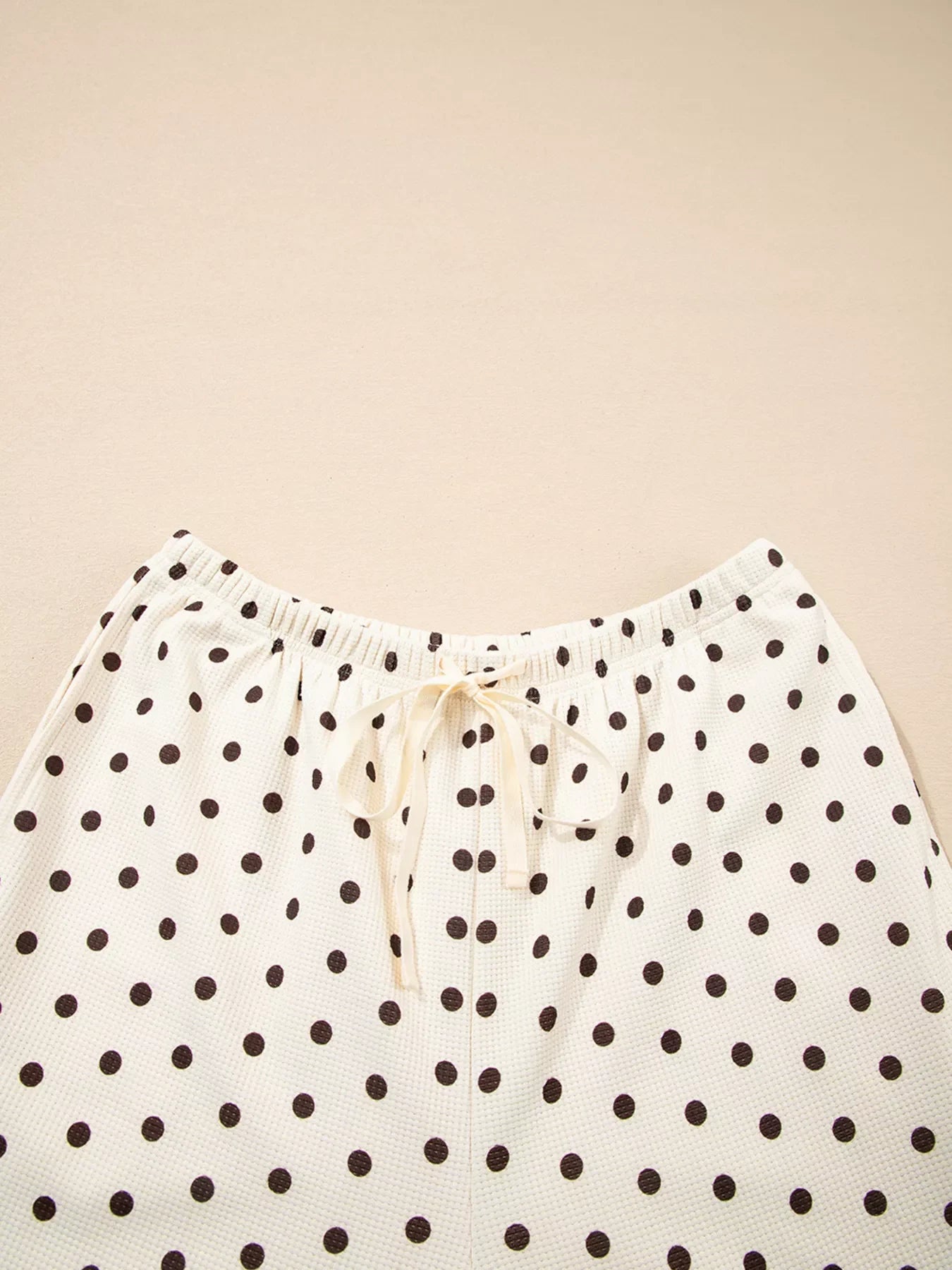 Polka Dot Notched Long Sleeve Top and Drawstring Loungewear Set