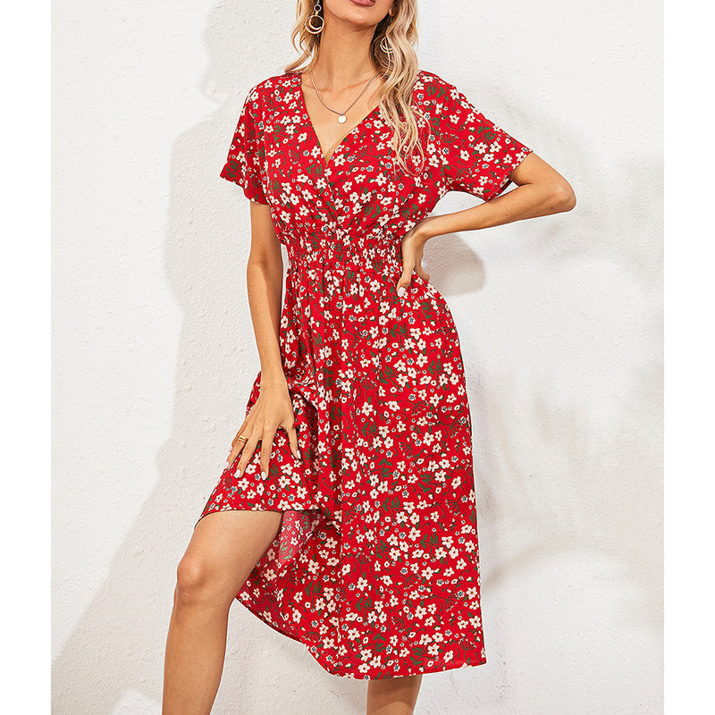 Boho V Neck Floral Print Short Sleeve Mini Dress Cute Smocked Waist Short Dress