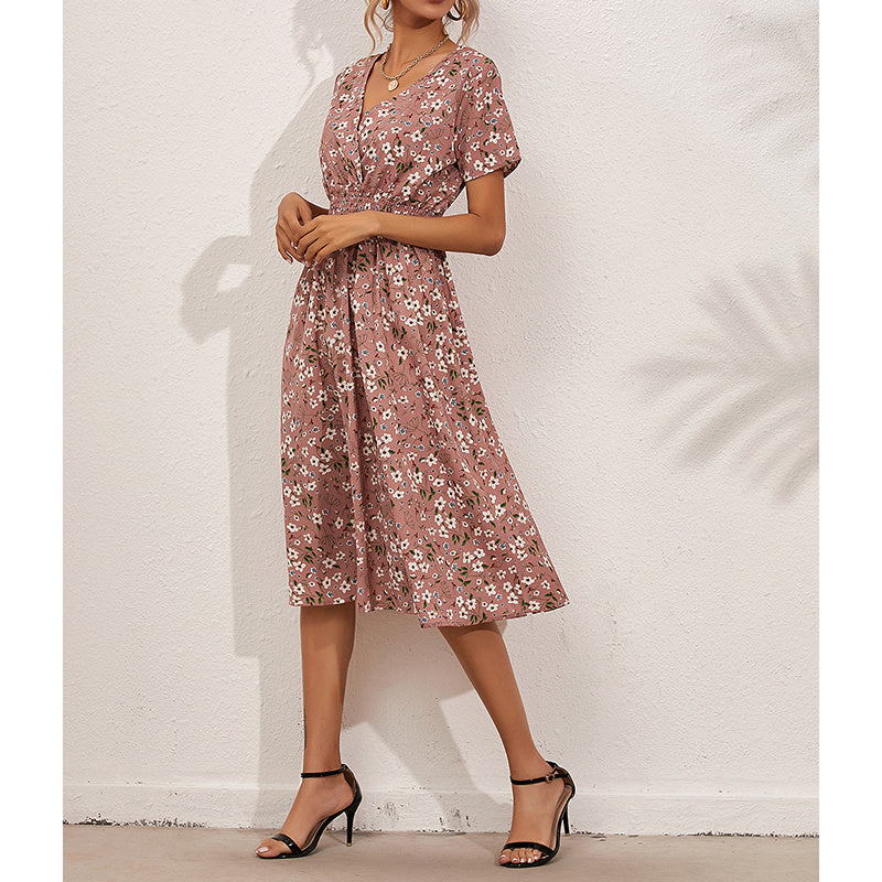 Boho V Neck Floral Print Short Sleeve Mini Dress Cute Smocked Waist Short Dress