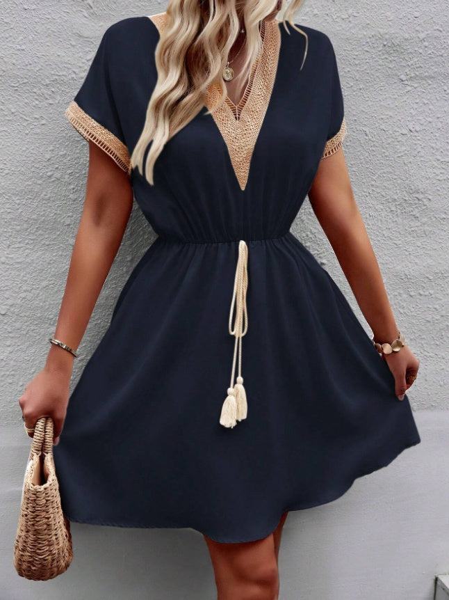 Stylish V-Neck Fringed Belted Dress
