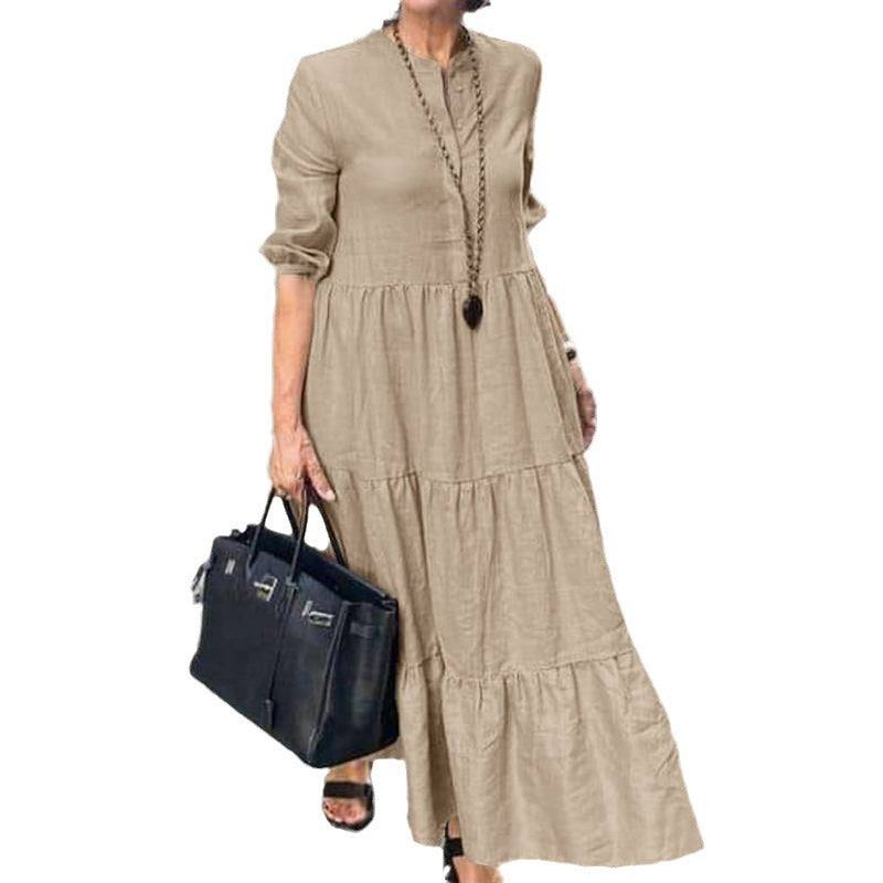 Women's Solid Color Wide Hem Casual Loose Lapel Cotton Linen Long Dress