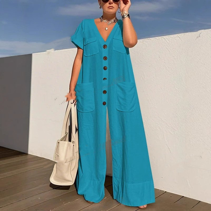 Single-breasted Pocket Elegant Solid Color Jumpsuit