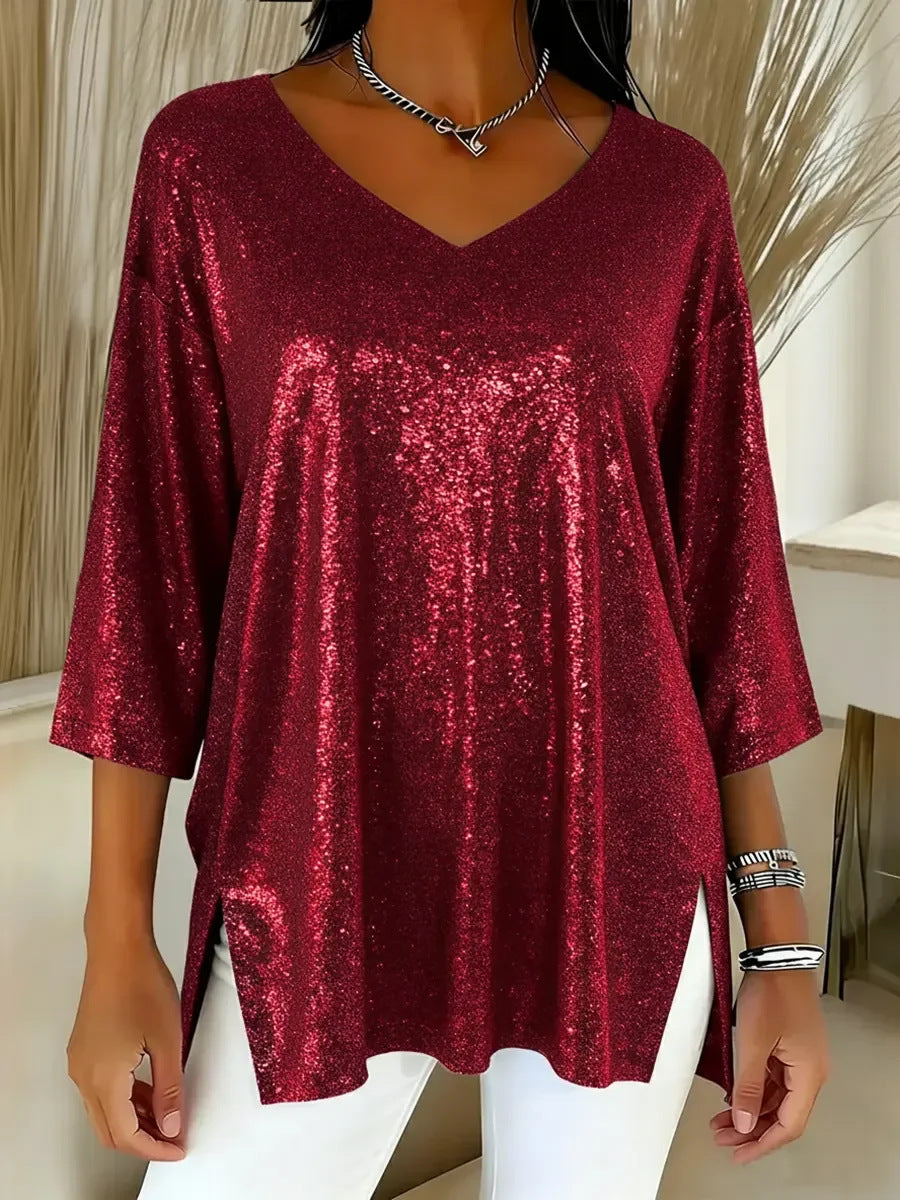 Womens Solid-Colored Loose V-Neck Cropped-Sleeve Split Top