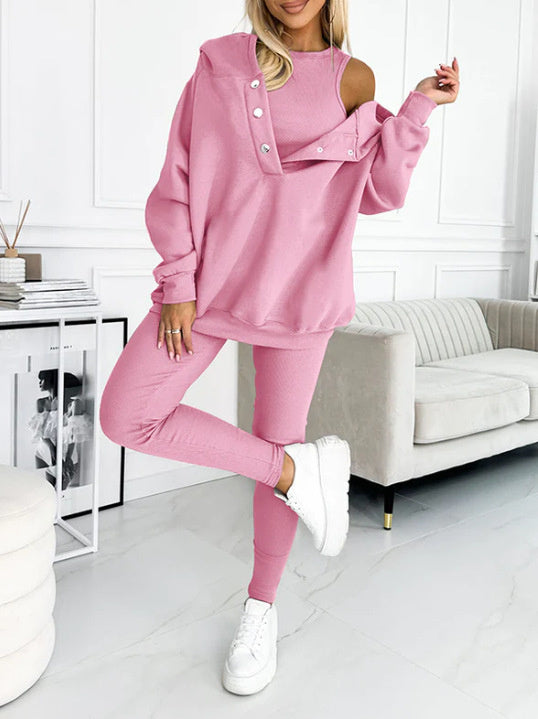 3pc Set Suit Loose Hooded Pockets Sweatshirt And Vest And Slim Trousers