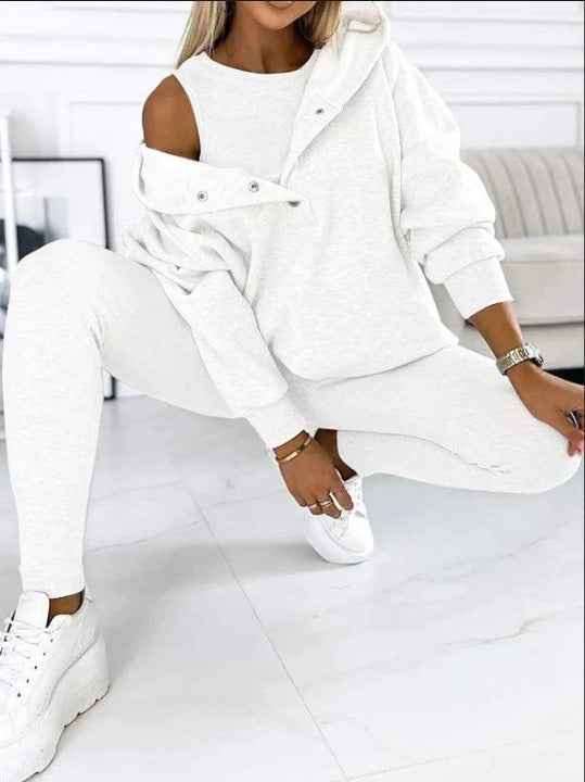 3pc Set Suit Loose Hooded Pockets Sweatshirt And Vest And Slim Trousers