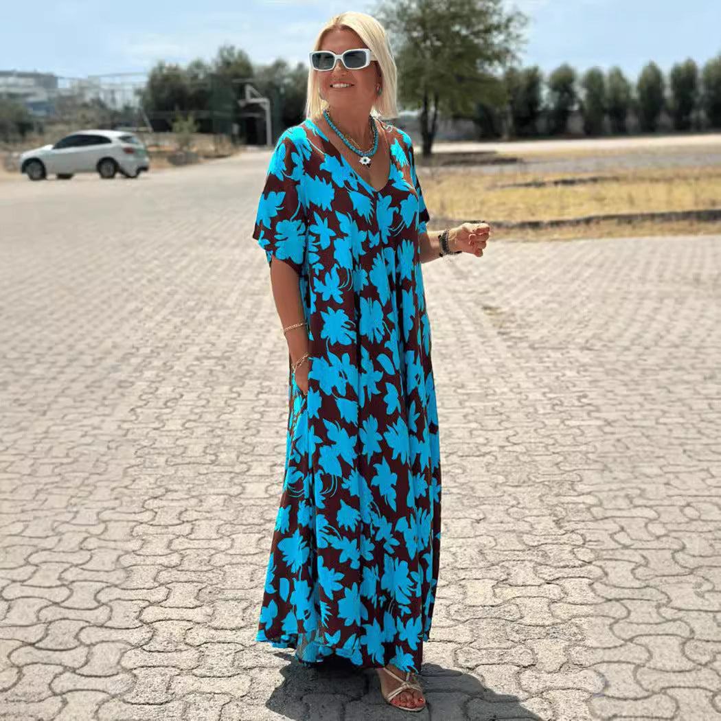 Women's V-neck Short Sleeve Casual Loose Dress